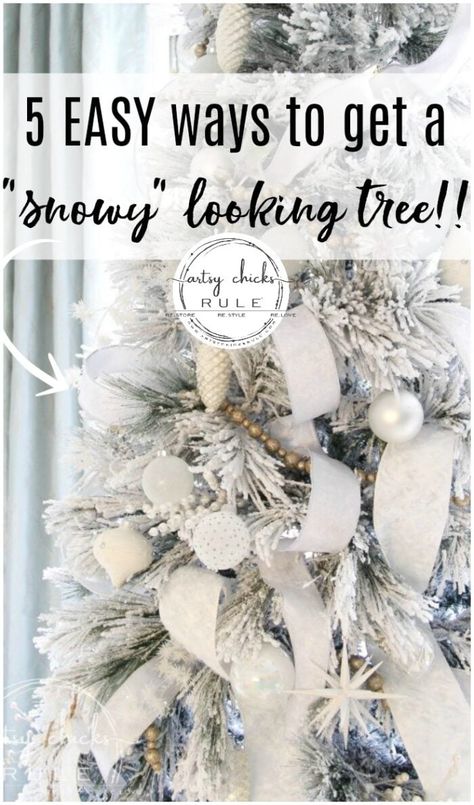 Have you ever wondered how certain trees just look magically covered in snow?? Well, and just magical?? Today I'm sharing 5 ways to up your tree game...with "snow" so you can have a magical snow covered Christmas tree look too! artsychicksrule.com #snowcoveredtree #snowytreelook #flockedtree #snowfilledtree Diy Snow Tree, Diy Snow On Christmas Tree, Snow Spray On Christmas Tree, Adding Snow To Christmas Tree, Spray Snow On Christmas Tree, How To Flock A Christmas Tree With Spray Snow, Flocking A Tree With Spray Snow, Snow White Christmas Decorations, How To Make Fake Snow For Christmas Tree