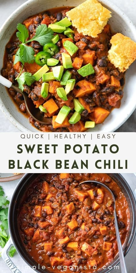 Sweet Potato Black Bean Chili recipe for a thick and hearty vegan chili that's easy to make using mostly pantry staples that are easy to find! GF + WFPB. #veganchili #sweetpotato #blackbeanchili Vegan Chili Recipe Easy, Black Bean Sweet Potato Quinoa Chili, Sweet Potato Bean Chili, Sweet Potato And Black Beans Recipes, Fall Vegetarian Chili, Easy Chile Beans Recipe, Chilli Recipe Vegan, Vegan Chili Recipe Sweet Potato, Vegan Chili With Sweet Potatoes