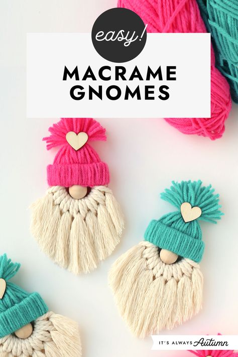 Its Always Autumn Crafts, Small Macrame Patterns Free, Gnomes Made From Yarn, Diy Rope Gnomes, Gnome Wall Hanging Diy, Macrame Easy Projects, Macrame Elf Diy, Christmas Gnome Ideas Diy, Things To Make For Christmas To Sell