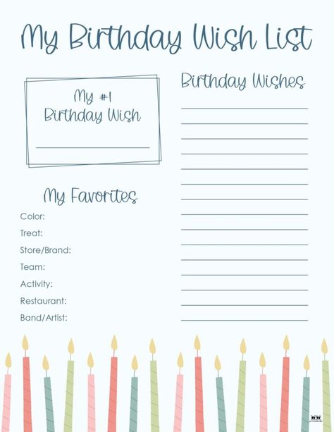 Choose from 12 birthday wish list templates perfect for your child to fill out all that he or she might want for their birthday. 100% FREE! Print from home! Birthday Wishlist Template, Birthday Wish List Template, Free Birthday Wishes, Birthday Wish List, 1st Birthday Wishes, 12 Birthday, Birthday Wishes For Myself, Birthday Wish, Free Print