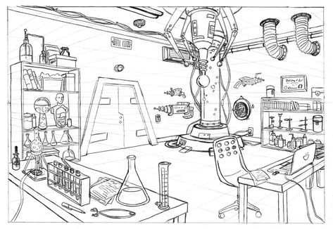 Lab Drawing, Mad Scientist Lab, Labs Art, Perspective Drawing Architecture, Bg Design, Perspective Art, Background Drawing, Scene Design, Science Lab