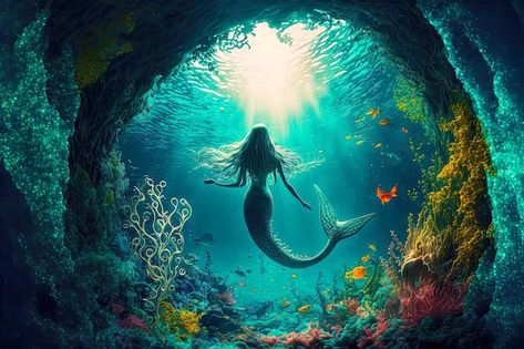 Ocean Banner, Fantasy Underwater, Underwater Tattoo, Ocean Bathroom, Mermaid Man, Mermaid Artwork, Underwater Painting, Fantasy Mermaids, Magic Land