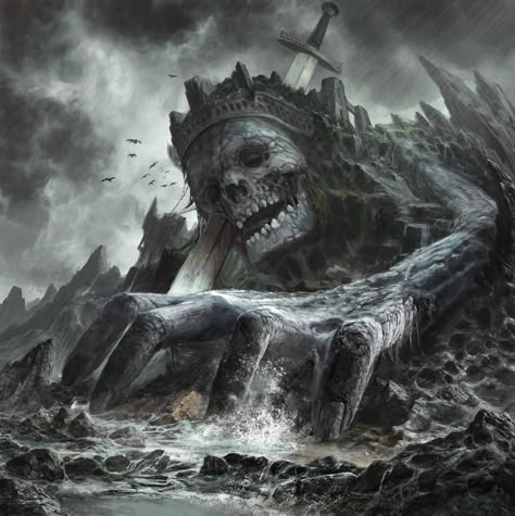 Dead Giant King in Border by Guang-Yang 다크 판타지, Fantasy Setting, Fantasy Places, Arte Fantasy, 판타지 아트, Fantasy Inspiration, Grim Reaper, Gothic Art, Skull Art