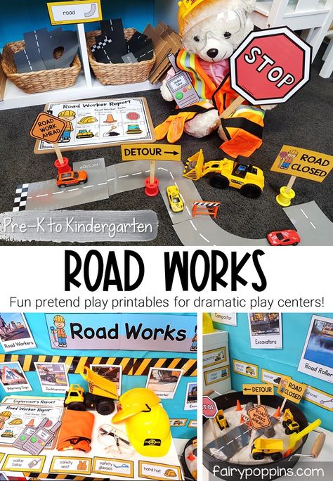 This road works dramatic play center is a fun way for kids to learn what road workers do. It's great for a community helpers, construction or transport theme. #roadworks #roadworkers #roadworksdramaticplay #roadworkspretendplay #printableroads #transporttheme #transportation #pretendplay #dramaticplaycenter #pretendplaycenter #preschool #prek #kindergarten #dramaticplaycentre #dramaticplay Construction Dramatic Play Preschool, Transportation Dramatic Play Preschool, Transportation Dramatic Play, Community Helpers Dramatic Play, Construction Preschool Activities, Transportation Activities For Kids, Construction Dramatic Play, Area 2023, Dramatic Play Centers Preschool