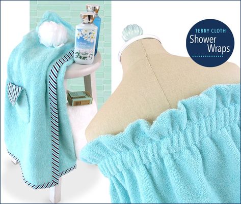 Terry Cloth Shower Wrap Tutorial & Pattern Shannon Fabrics, Cloth Sewing, Spa Wraps, Wrap Tutorial, Diy Towels, Towel Scarf, Bath Wrap, Towel Crafts, Towel Wrap