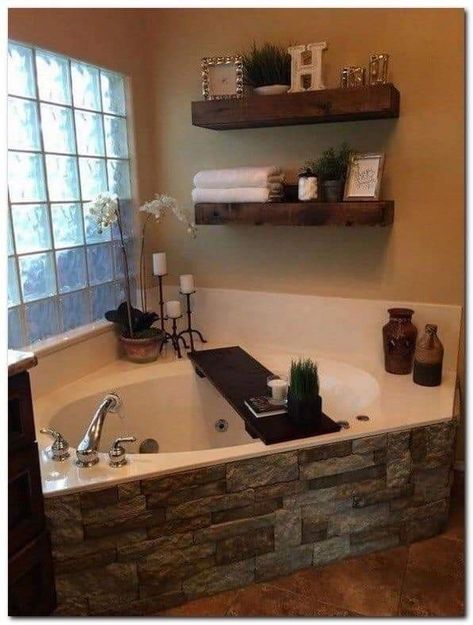 Farmhouse Bathroom Decor Ideas, Cozy Bathroom, Bathtub Decor, Floating Shelves Bathroom, Diy Bathroom Storage, Corner Tub, Master Decor, Jacuzzi Tub, Farmhouse Bathroom Decor