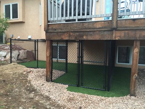 Our dog's "den" under the deck with dog turf. A ramp from the deck leading into the den is being constructed. There will also be a chain link top with optional waterproof canvas lid. Our little Toy Fox Terrier loves it! Deck With Dog Area, Back Porch Dog Area, Dog House Under Porch, Doghouse Under Deck, Under Porch Dog Area, Deck With Dog Ramp, Under Porch Dog Kennel, Dog Run Under Deck, Dog Kennel Attached To House