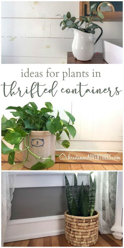 Giving you ideas on how to see items at the thrift store in new ways – and how to let your (real or faux) plants look great in your secondhand containers! #thrifty #DIY #houseplants #plants #enamelware Thrift Store Planter Ideas, Thrifted Planters, Outdoor Shower Fixtures, Diy Planters Indoor, Tattoo Plant, Outdoor Cabana, Aesthetic Plant, Thrifty Diy, Farmhouse Side Table