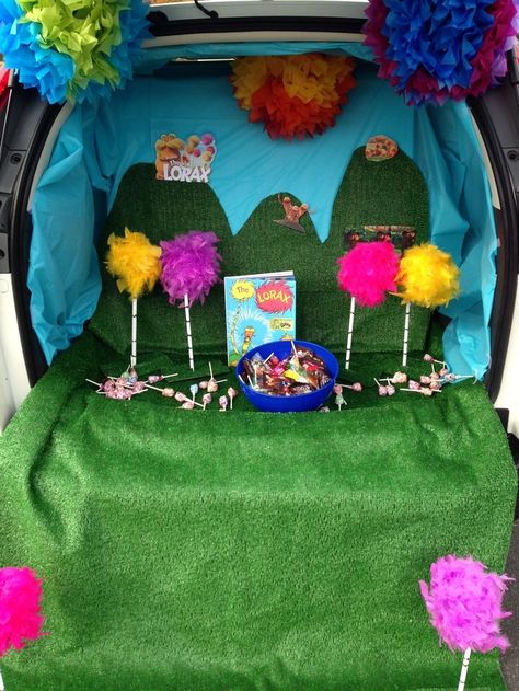 Dr. Seuss' The Lorax Trunk or Treat for Halloween | Trunk or Treat ... Lorax Trunk Or Treat, Dr Seuss Trunk Or Treat, Halloween Trunk Or Treat, Church Trunk, Halloween Car Decorations, Trunker Treat Ideas, Trunk Or Treat Ideas, Dr. Seuss, Hallowen Ideas