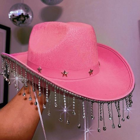 Disco babes pink cowboy hat with diamond trim. - Depop Pink Space Cowgirl Hat, Diy Pink Cowboy Hat, Cowgirl Pink Hat, Sparkly Cowboy Outfit, Pink Sparkly Cowboy Hat, Barbie Cowboy Hat, Glittery Cowboy Hat, Diy Cowgirl Hat Ideas Pink, Rainbow Cowboy Hat