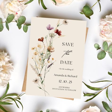 Wildflower Save The Date | Instant Download | Meadow Garden Flowers | Personalized Wildflower Save The Date | Floral Save Our Date Meadow Lawn, Wildflower Save The Date, Safe The Date, Save The Date Floral, Wildflower Invitation, Menu Card Template, Save Our Date, Unique Floral Design, Wildflower Wedding Invitations