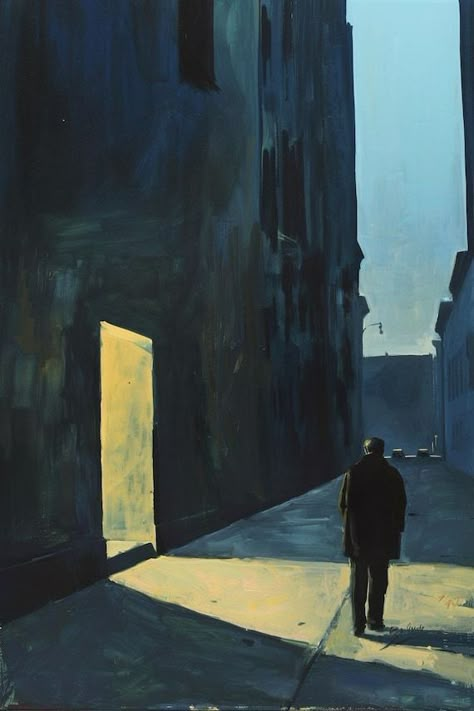 Captivating Edward Hopper Inspired Custom Canvas Print of Solitary Man in Alleyway at 3am | Unique Wall Art | Night Scene Decor by CustomCanvasCurators 🌃 Just in: 'Alleyway at 3 AM' - a striking homage to Edward Hopper's iconic style and the elusive solitude of urban life. This mesmerizing artwork captures the quiet tension of a solitary figure at night, beckoning viewers to ponder the hidden stories within city streets. The rich, muted colors and masterful play of light & shadow echo Hoppe... Edward Hopper Paintings Artworks, Interior Oil Painting, Inside Outside Inbetween Art Inspiration, Dream Astethic, Stillness Aesthetic, Alley Painting, Edward Hopper Art, Landscape At Night, Edward Hopper Paintings