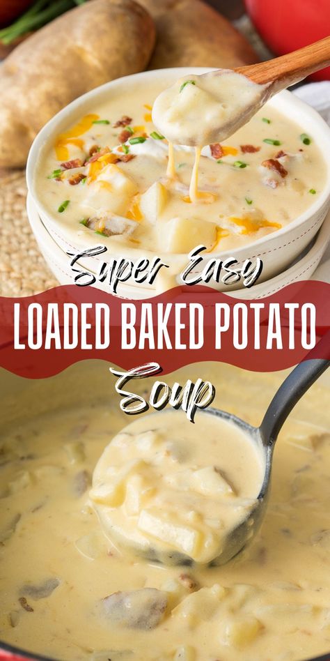 This Loaded Baked Potato Soup is a warm and comforting soup that is quickly made in less than 30 minutes! Bake Mac, Loaded Baked Potato Soup Recipe, Soup Potato, Baked Potato Soup Recipe, Moose Lodge, Homemade Cookbook, Family Dishes, Comforting Soup, Loaded Baked Potato