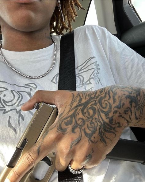 Mixed Emotions Tattoo, Osamason Tattoo, Rich Amiri Tattoo, Asap Rocky Tattoo Ideas, Hand Tattoos For Black Guys, Tattoo Designs Men Hand, Best Tattoo Sleeves, Thumb Tattoos Men, Glo Gang Tattoo