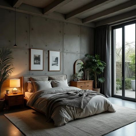 Black bedroom designs with rustic concrete with a touch of natural look. Designed by us... #interiordesign #interiordesignkenya🔥 #instagram Concrete Bedroom Ideas, Concrete Ceiling Bedroom, Concrete Wall Bedroom Interior Design, Cement Bedroom Interior Design, Brutalist Bedroom Design, Concrete Room Aesthetic, Masculine Scandinavian Interior, Concrete Bedroom Design, Modern Men’s Bedroom