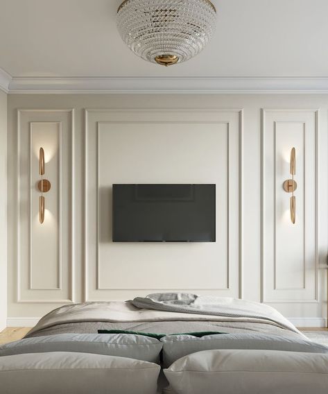 Tv Paneling Design Modern, Modern Wall Panelling Design Interiors, Wall Moulding Design Bedroom, Waincosting Bedroom, Tv Molding Wall, Bedroom Decor Tv Wall, Wall Paneling Tv Wall Ideas, Moulding Tv Wall, Bedroom With Molding On Walls