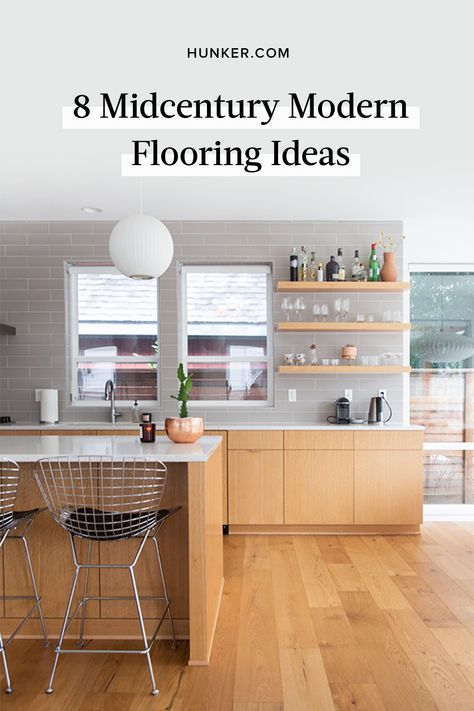 If you're looking to add some midcentury flair to your kitchen, don't forget about the kitchen flooring! Check out some of the best flooring materials you can use in a midcentury modern renovation. #hunkerhome #midcenturymodern #kitchen #kitchenideas #flooring Midcentury Modern Wood Flooring, Kitchen With Laminate Flooring, Midcentury Modern Renovations, Mid Century Wood Flooring, Mid Century Modern Lvp Flooring, Mid Century Vinyl Flooring, Mid Century Modern Kitchen Design Ideas, Midcentury Flooring Ideas, Mid Century Modern Renovation Interiors