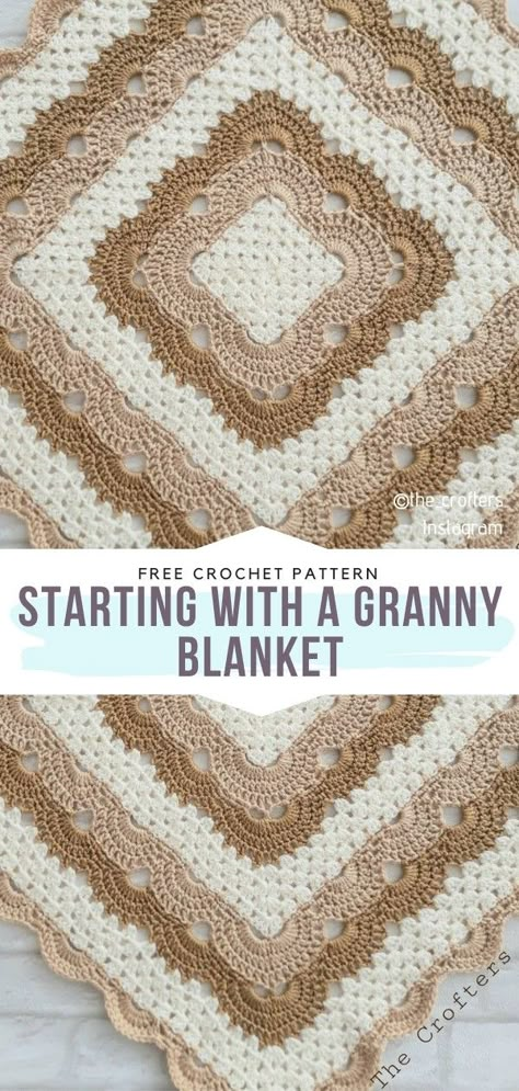 Starting With A Granny Blanket, Granny Square Projects Blankets, Free Crochet Square Blanket Patterns, Granny Crochet Blanket Pattern Free, Granny Square Shells Crochet, Granny Shell Crochet Pattern, Different Stitch Crochet Blanket, Granny Square Shell Pattern, Aphgans Crochet Blanket Patterns