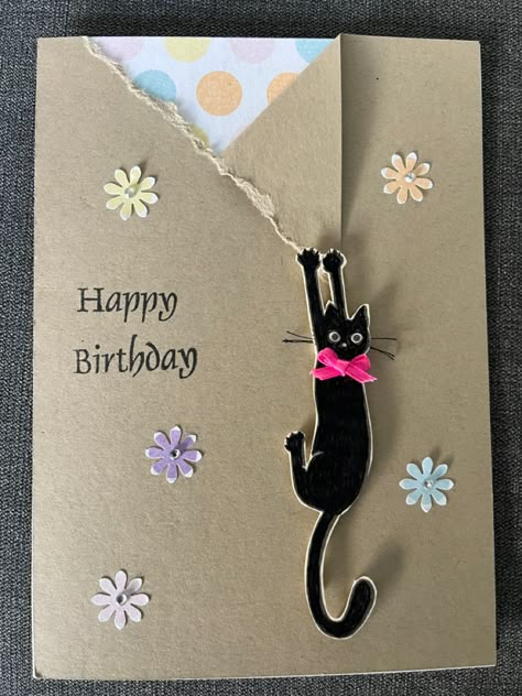 Happy Birthday Cards Handmade Aesthetic, Bd Cards Ideas, Painted Happy Birthday Card, Cats Birthday Cards, Origami Birthday Cards, Bd Card Ideas Aesthetic, Birthday Card Cat Diy, Birthday Card With Cats, Diy Cat Birthday Cards