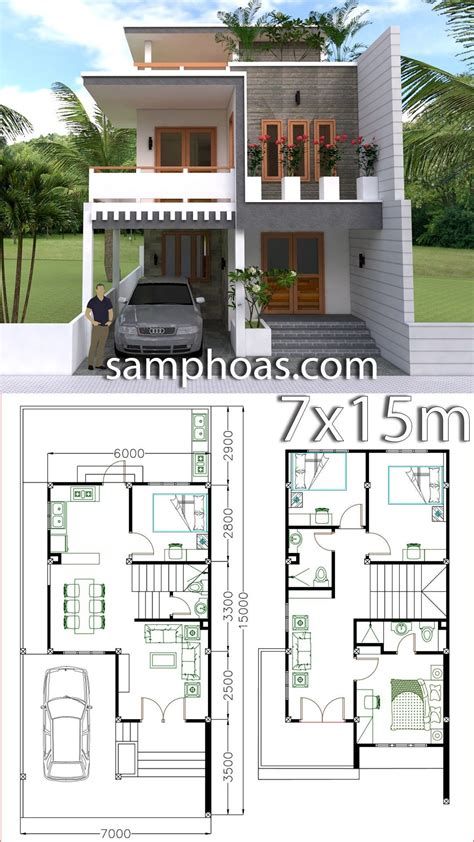 4 Bedroom Home Design Plan 7.5x9m - SamPhoas Plansearch Two Story House Design, 2 Storey House Design, Casa Country, Two Story House, Duplex House Plans, Simple House Design, Narrow House, House Construction Plan, Model House Plan