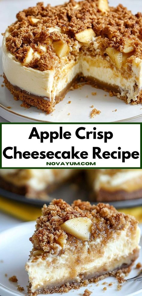 Need an easy dessert idea? This Apple Crisp Cheesecake is a breeze to prepare, blending rich flavors and textures. It’s a crowd-pleaser that makes your holiday celebrations even sweeter and more memorable. Cinnamon Apple Cheesecake, Fall Cheesecake Recipes, Fall Cheesecake, Unique Recipes Desserts, Easy Dessert Idea, Apple Topping, Showstopper Dessert, Apple Crisp Cheesecake, Crisp Topping