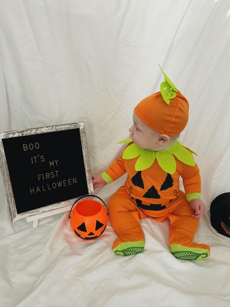 Halloween photo shoot, baby boy pumpkin Monthly Baby Photos October, Diy Halloween Baby Photoshoot, First Halloween Pictures, Baby Halloween Photoshoot, Halloween Baby Photoshoot, Halloween Baby Pictures, Diy Photo Shoot, Baby Pumpkin Costume, My 1st Halloween