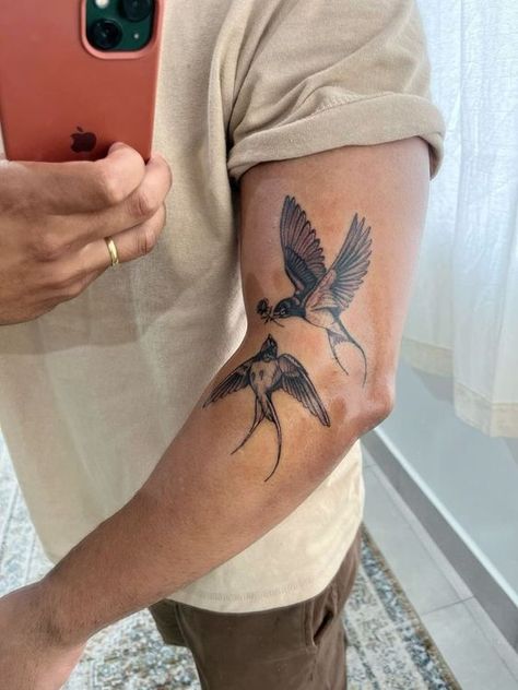 Men Sparrow Tattoo, Tattoos To Represent Brothers, Matching Sparrow Tattoos, Birds Arm Tattoo, Cool Guy Tattoos, Mens Bird Tattoo, Significant Other Tattoos, Bird Tattoos Men, Old Money Tattoo