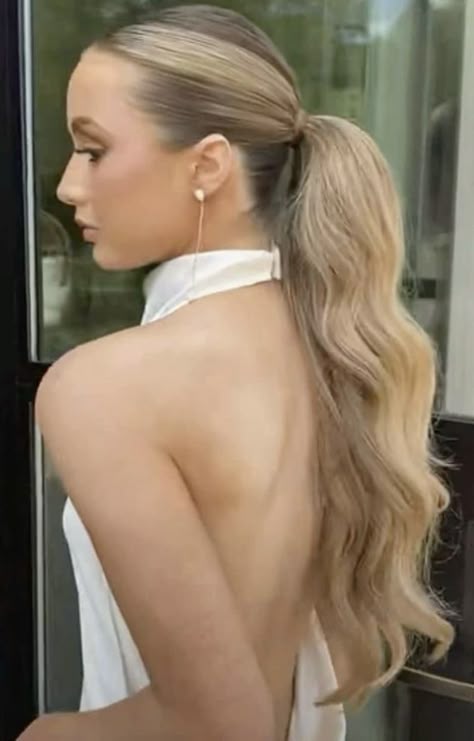 Slick Back Updo Prom, Slick Back Prom Ponytail, Slick Back Curled Ponytail Prom, Slick Ponytail Bridesmaid Hair, Curled Slicked Back Ponytail, High Neck Line Dress Hairstyles, Curled High Ponytail Hairstyles Prom, Long Curled Ponytail, Bridal Slicked Back Hair