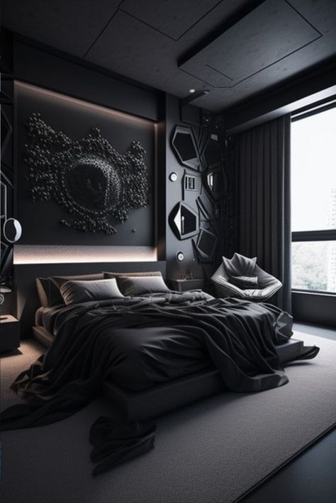 All Black Bedroom, Modern Black Bedroom, Black Bedroom Design, Black Bedroom Decor, Stylish Bedroom Design, Masculine Bedroom, Black Rooms, Sleep Sanctuary, Mens Bedroom