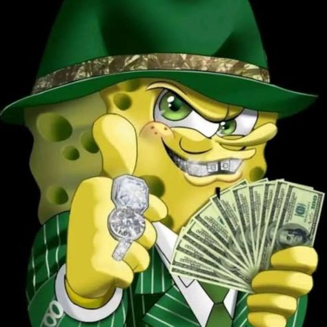 Spongebob With Money, Thug Spongebob, Rich Spongebob, Money Reaction Pic, Spongebob Illustration, Swag Spongebob, Gangsta Spongebob, Gangster Cartoon Characters, Spongebob Money