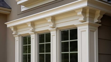 12+ Eye-Catching Exterior Crown Molding Ideas to Frame Your Windows • 333+ Images • [ArtFacade] Exterior Millwork Ideas, Window Crown Molding Ideas, Exterior House Trim Ideas, Exterior Molding, Exterior Crown Molding, Exterior Dental Molding, Bay Window Exterior Trim, Black Window Boxes On White House, Exterior Moulding Ideas