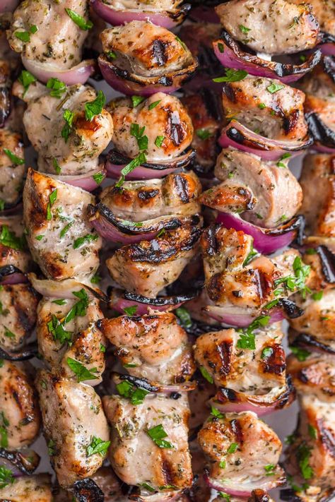 A simple, excellent recipe for grilled pork tenderloin kebabs. Learn our tips and tricks for flavorful and tender, crowd pleasing shish kabobs. Our favorite pork kabobs! | natashaskitchen.com Pork Tenderloin Kabobs On The Grill, Turkey Basting Sauce, Pork Shish Kabobs, Pork Tenderloin Skewers, Turkey Basting, Grilled Pork Tenderloin Recipes, Shishkabobs Recipe, Pork Kabobs, Pork Kebabs