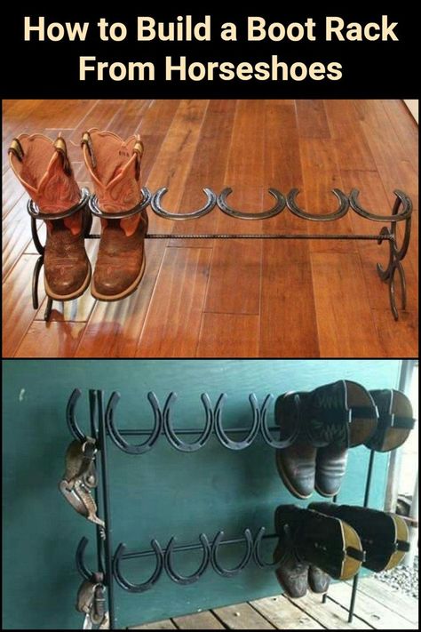 Metal Boot Rack, Hat Rack Made From Horse Shoes, Horse Shoe Boot Rack, Country Mudroom, Cowboy Boot Storage, Cowboy Boot Rack, Stick Welding Projects, Entryway Renovation, Metalwork Projects