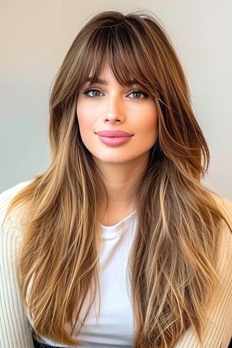 32 Gorgeous and Easy Long Hairstyles For Women - The Hairstyle Edit Long Hair Feathered Around Face, Long Feathered Hairstyles, Straight Long Hair With Bangs, Highlights With Bangs, Feathered Haircut, Long Fringe Hairstyles, Uk Hairstyles, Haircut Inspo, Feathered Bangs