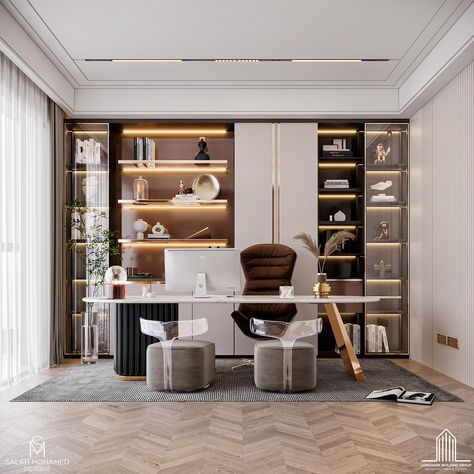 Modern home office design in New Cairo Head Office Design, Ceo Office Design Luxury Modern, Office Table Design Modern, Md Room, Corporate Office Interiors, Director Room, Ceo Office Design, Modern Kids Room Design, Modern Home Office Design