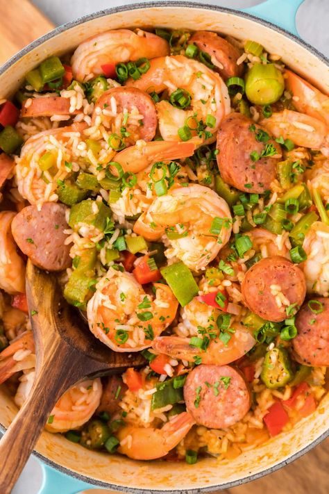 This easy jambalaya recipe starts with the holy trinity of onion, bell pepper, and celery that's combined with okra, shrimp, smoked sausage and fluffy white rice for a hearty one pot meal jam-packed with flavor. Jambalaya Rice Recipe, Okra Shrimp, Jambalaya Pasta Recipe, Easy Jambalaya Recipe, Jambalaya Recipe Healthy, Easy Jambalaya, Homemade Jambalaya, Healthy Jambalaya, Jambalaya Rice