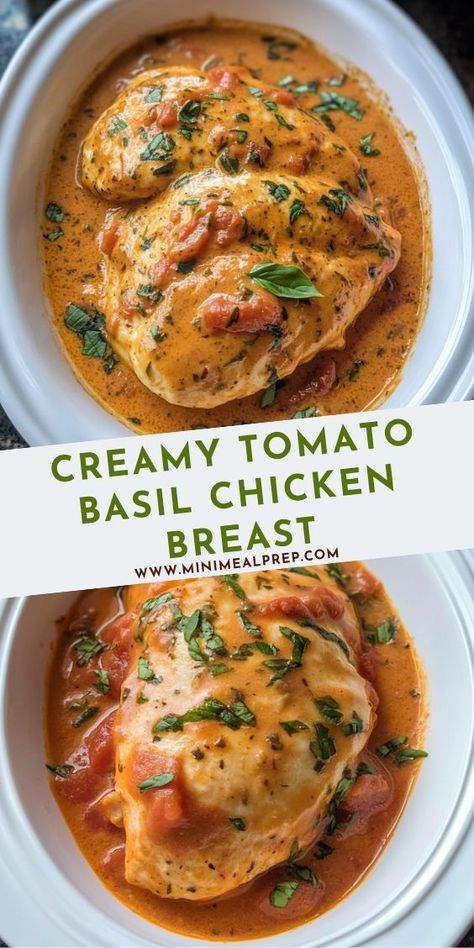 This simple yet satisfying dish features chicken breasts slow-cooked in a creamy, herb-infused tomato basil sauce, ideal for cozy dinners or easy meal prep. Creamy Tomato Basil Chicken, Tomato Basil Chicken Recipe, Juicy Roasted Chicken, Chicken Basil Pasta, Slow Cooker Meal Prep, Creamy Chicken Dish, Ketone Recipes, Chicken Breast Slow Cooker, Slow Cooker Pasta Recipes