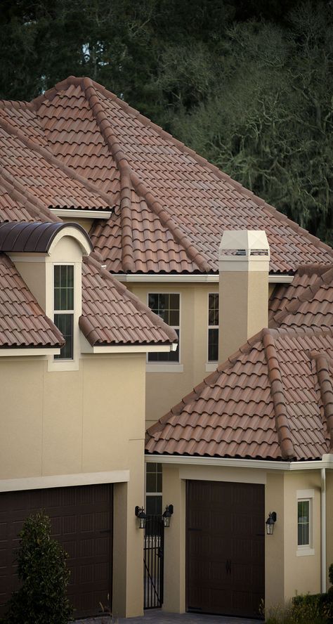 Tile Roof House Exterior Colors, Terracotta Roof House, Exterior Home Makeover, Roof Building, Concrete Roof Tiles, Exterior Elevation, Spanish Mission, Terracotta Roof, Home Makeover Ideas