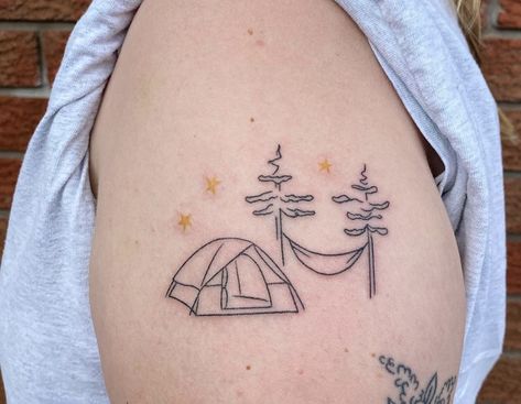 Tent And Tree Tattoo, Matching Camping Tattoo, Granola Tattoo Ideas, Granola Tattoo, Tattoo Simplistic, Tent Tattoo, Tattoo Camping, Moutain Tattoos, Simple Tree Tattoo