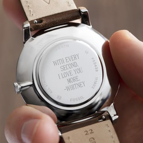 Gift someone you love with a personalized watch so every time they wear it, they'll think of you. ⌚😊 #personalizedwatch #menswatch #watch #personalized #thingsremembered #gift #giftidea #everythingspersonal Watch Gift Message For Him, Back Of Watch Engraving, Watch For Boyfriend Gift, Time Love Quotes Watch, Watch Gift Quotes For Him, Mens Day Gifts Ideas, Time Quotes For Watch Gift, Watch Engraving Ideas For Boyfriend, Personal Wedding Gifts