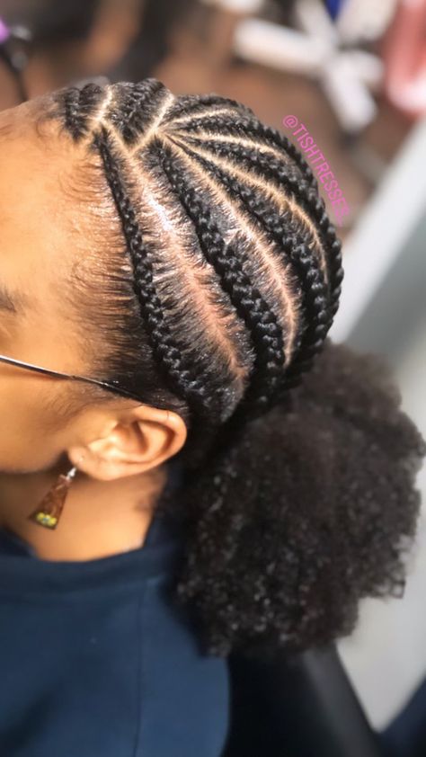 Different Cornrow Styles Black Women, Cornrows With Natural Hair Only Short, Cornrow No Hair Added, Cute Braids With Natural Hair, Woman Cornrows Natural Hair, Cornrows Into Low Ponytail, Natural Corn Row Hairstyles, Low Cornrow Bun, Natural Hairstyles For Black Women Plait