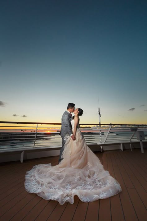 Stephanie and Thomas' Magical Wedding on the Disney Dream Wedding On Cruise, Disney Cruise Vow Renewal, Cruise Wedding Pictures, Cruise Couple Pictures, Boat Wedding Reception, Cruise Wedding Photos, Castaway Cay Wedding, Carnival Cruise Wedding, Cruise Wedding Ideas