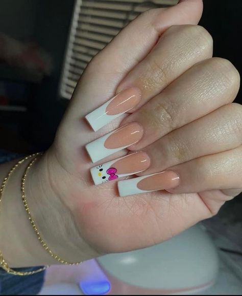 Hello Kitty French Tip Nails Long, Nails Hello Kitty, Paznokcie Hello Kitty, Kitty Nails, French Tip Acrylic Nails, Hello Kitty Nails, Dope Nail Designs, Acrylic Nails Coffin Pink, Long Square Acrylic Nails