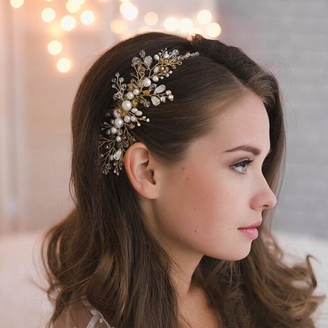 Starry Night Theme, Rose Gold Hair Accessories, Bridesmaid Headpiece, Side Curls, Headpiece Hairstyles, Wedding Hair Side, Half Up Wedding Hair, Long Hairstyle Ideas, Aesthetic Accessories