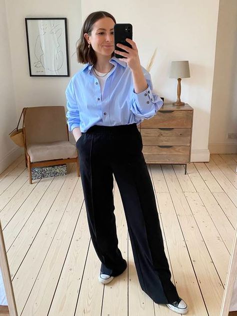 The 4 Best H&M Wide-Leg Trousers | Who What Wear UK Black Pants And Blue Shirt Outfit, Wide Leg Blue Trousers Outfit, Style Autumn 2022, Work Outfits Women Winter Office Style, Blue Shirt Black Pants, Winter Office Style, Classy Outfits Casual, Autumn 2023 Fashion, Work Outfits Women Winter