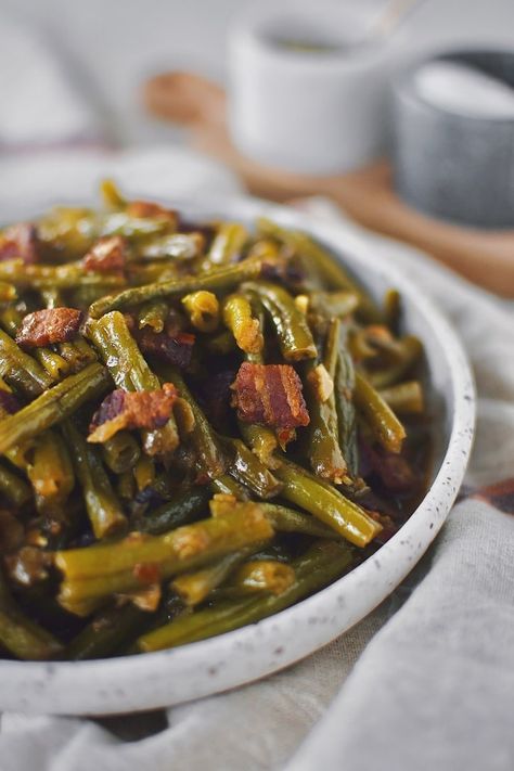 Southern Green Beans - KendellKreations Cooked Green Beans Recipe, Green Beans Bbq, Soul Green Beans, Whole Green Beans Recipes, Home Style Green Beans, Creole Green Beans, Honey Butter Green Beans, Southern Green Beans With Smoked Turkey, Instant Pot Southern Green Beans