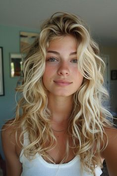 Blonde Haircut Inspiration, Blonde Curly Natural Hair, Long Blonde Hair With Lots Of Layers, Wavy Curly Blonde Hair, Blonde Hair Curly Natural, Serena Vanderwoodsen Hair, Long Loose Curls Hairstyles, Wavy Hair Layers Medium, Curly Dirty Blonde Hair