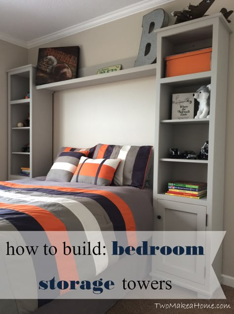 How to Build Bedroom Storage Towers - We needed a storage solution for our 5 year old son's room that could handle books, toys, and collectibles with both open… Design Ložnic, Teenager Bedroom Boy, Teenage Boy Room, Bedroom Decor Gray, Teen Boy Room, Boys Room Ideas, Gift Bag Ideas, Boy Bedroom Design, Boy Rooms