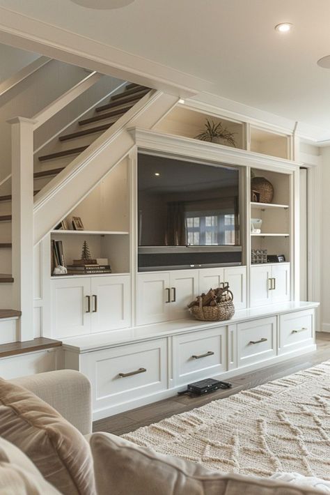 Entertainment Center Under Stairs, Tv Under Stairs Living Room, Storage Under Stairs Ideas, Staircase Storage Under Stairs, Living Room Under Stairs, Storage Under Stairs, Staircase In Living Room, Cabinet Under Stairs, Under Stairs Ideas