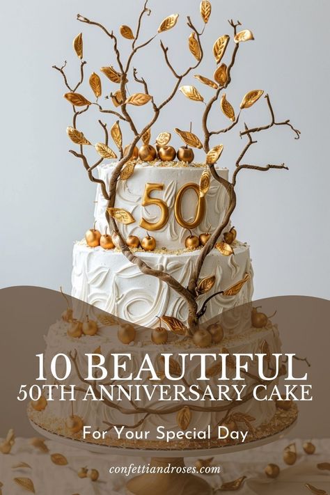 Explore our gorgeous 50th anniversary cake designs to celebrate half a century of love. From simple to elaborate, find inspiration for 1-tier, 2-tier, and 3-tier cakes featuring gold details and elegant toppers that embody the beauty of this momentous event. 3 Tier 50th Wedding Anniversary Cake, Cake Design For 50th Anniversary, White And Gold 50th Anniversary Cake, Two Tiered 50th Anniversary Cake, 55th Wedding Anniversary Cake, 50ty Wedding Anniversary Party Ideas, 50th Golden Anniversary Cake, 50th Anniversary Cake Ideas Simple, Golden Anniversary Cake Simple